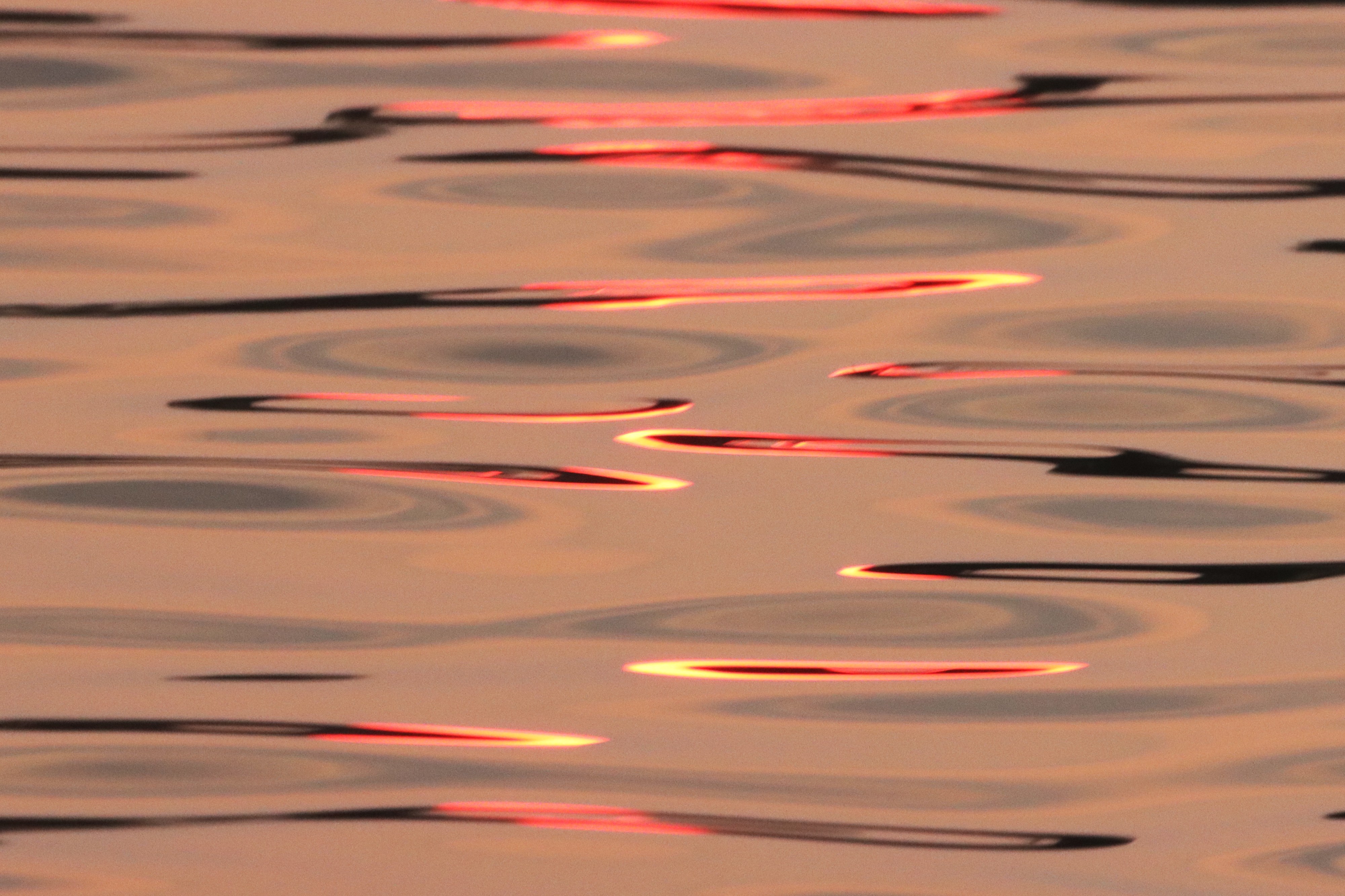 Photograph of red sunlight reflecting off greyish pink water in a lake, forming abstract swirls.
