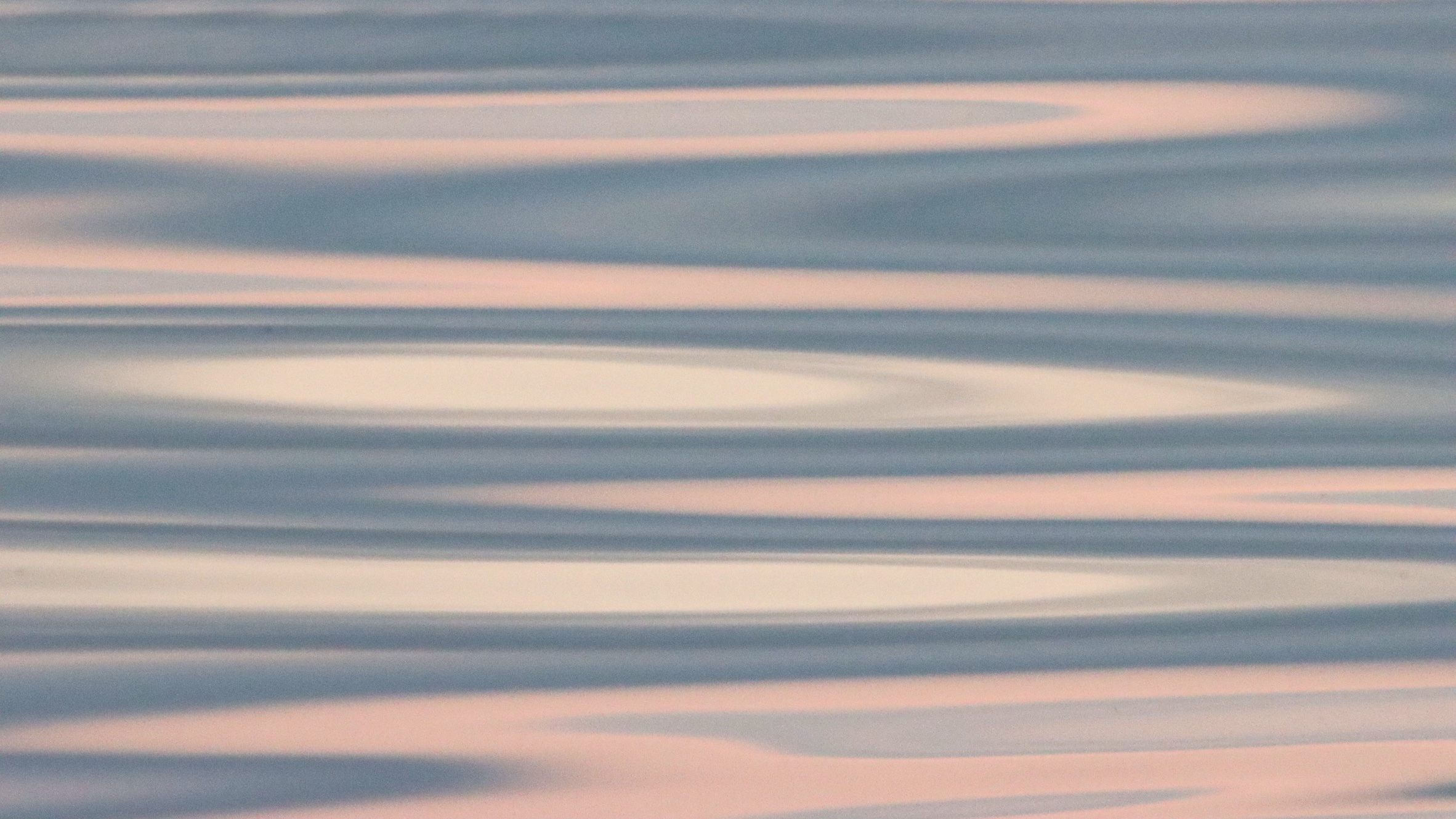 Photograph of greyish pink and blue colors in a still lake forming abstract swirls and shapes.