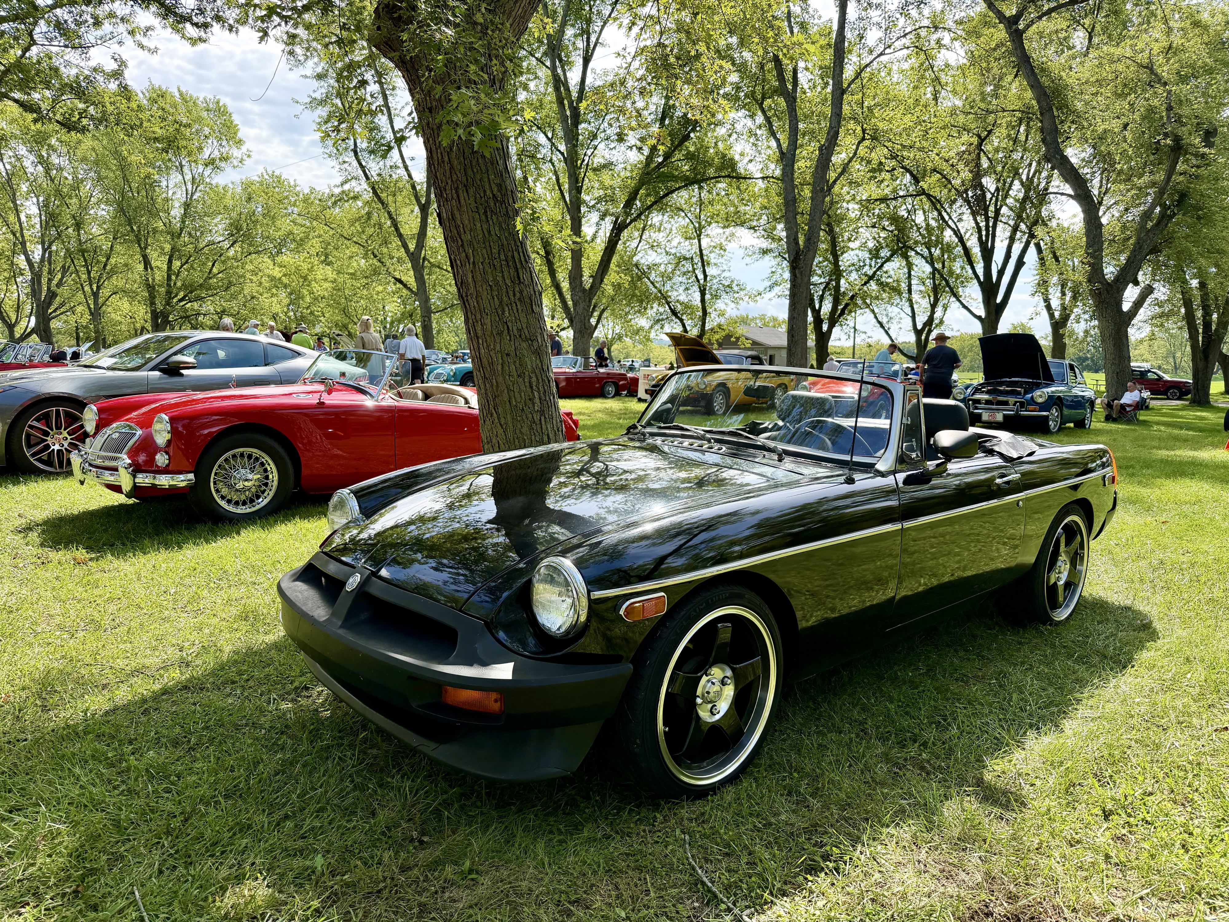 Photograph of a black 1976 MGB with a red MGA and other British cars behind it on a grassy field with trees and shade.