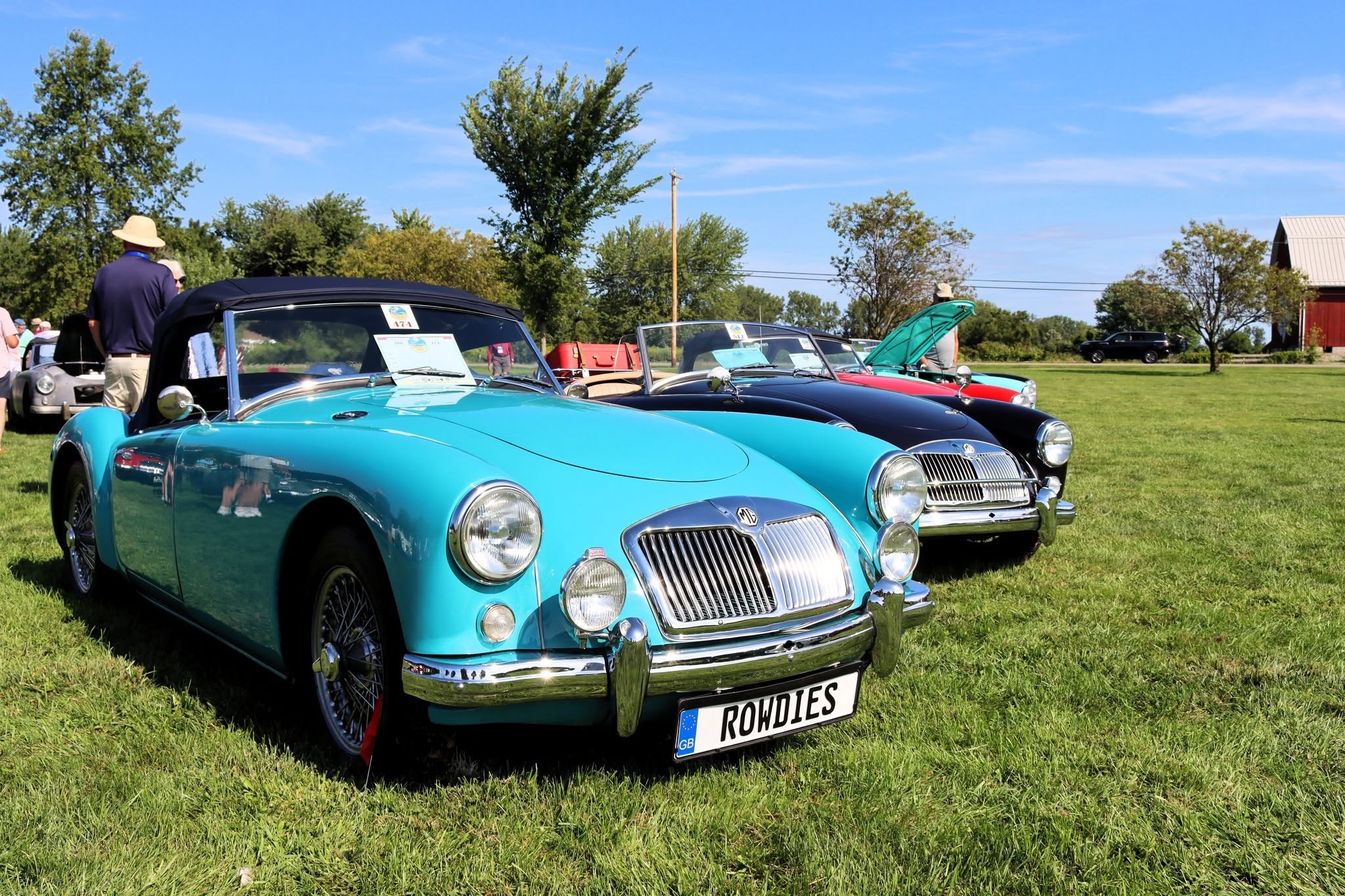 Photograph of a light blue MGA 1600 roadster with wire wheels in front of several other colorful MGAs on a grass field.